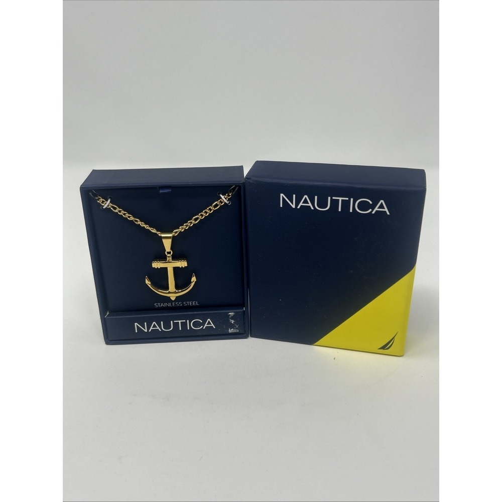 NIB Nautica Stainless Steel Gold Tone Anchor Pendent On Chain Gift Box Mens